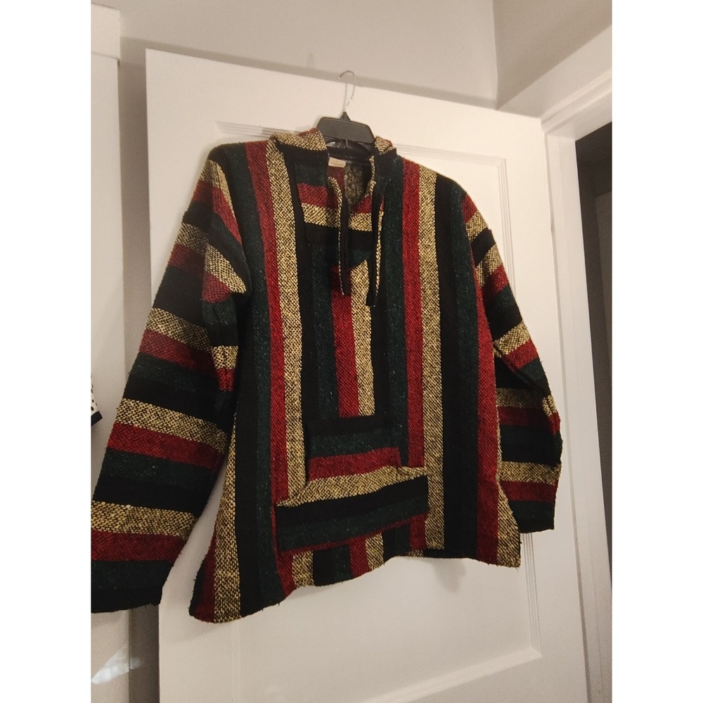 Baja Joe Drug Rug Hoodie Mens Large Black Rasta Stripe Baja Pullover Mexican